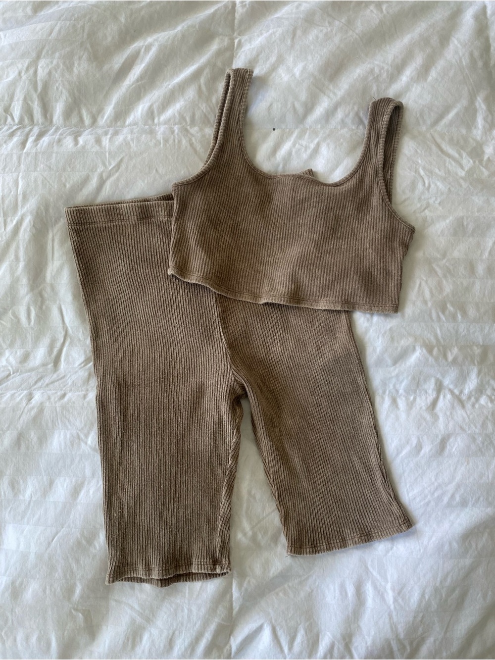 Ribbed Mineral Wash Crop Tank & High-Waist Bike Shorts Set - Mocha Brown